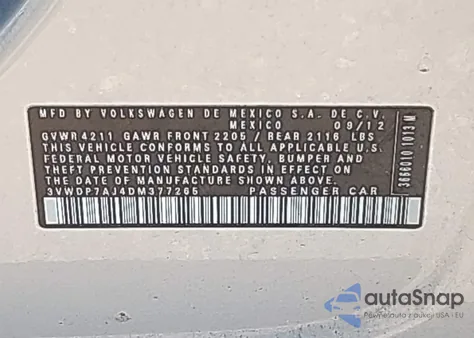 2013 Volkswagen Jetta 2.5L Se z USA, uszkodzony, nr VIN 3VWDP7AJ4DM377265